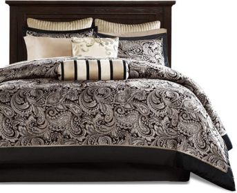 12 Piece Cotton Polyester Comforter Set Black Gold Paisley (size: Queen)