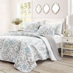 Floral Lightweight Thin Cotton Polyester Fabric 3-Piece Quilt Set (Color: Blue Grey, size: King)