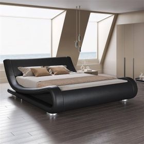 Modern Upholstered Platform Bed Frame with Sleigh Curved Headboard (Color: Black, size: Full)