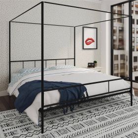 King size Metal Canopy Bed Frame with Headboard and Footboard (Color: Black)
