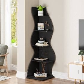Modern 5 Shelf Corner Bookcase Wood Finish (Color: Black)