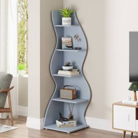 Modern Whimsical 5 Shelf Corner Bookcase Stand Wood Finish (Color: Blue)