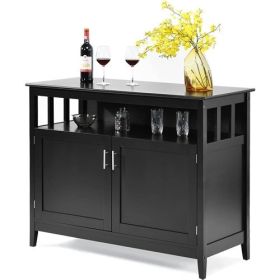 Wood 2-Door Dining Buffet Sideboard Cabinet with Open Storage Shelf (Color: Black)
