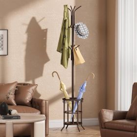 Metal Coat Rack Entryway Hall Tree with Umbrella Stand (Color: Brown)