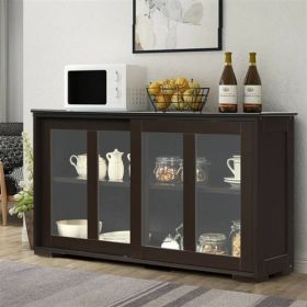 Wood Buffet Kitchen Dining Sideboard Storage Cabinet w/ Glass Sliding Door (Color: Brown)