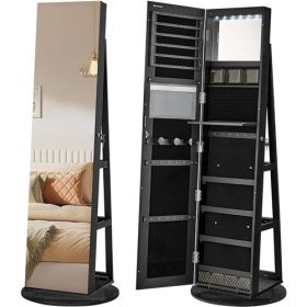 Wood Jewelry Cabinet Armoire Organizer Freestanding Rotating Mirror (Color: Black)