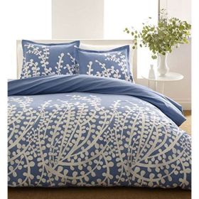 Full / Queen 100-Percent Cotton 3-Piece Comforter Set with Floral Branch Pattern (Color: Blue/White)