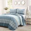 Lightweight 3 Piece Reversible Botanical Blue Damask Quilt Set