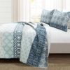 Lightweight 3 Piece Reversible Botanical Blue Damask Quilt Set