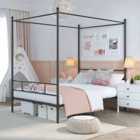 Full size French Country Four Poster Metal Canopy Bed (Color: Black, size: Full)