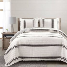 Black Off-White Cream Stripe Reversible Cotton Quilt Set (size: Full/Queen (3 Piece))