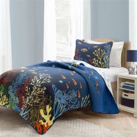 Lightweight Ocean Navy Blue Clown Fish Coral Reversible Quilt Set (size: Full/Queen (3 Piece))