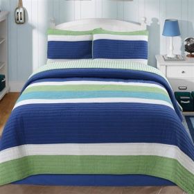 Navy Blue/Green/Teal/White Stripe 100-Percent Cotton Quilt Set (size: Full/Queen)