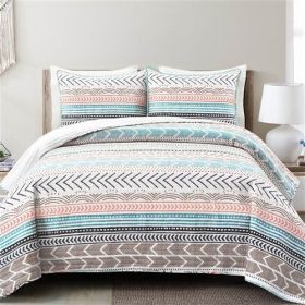 Scandinavian Chevron Reversible Cotton Quilt Set (Color: Teal/White/Orange/Brown, size: King)