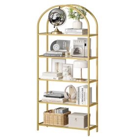 Modern Metal Arched Top Display Rack Bookcase with 5 Glass Storage Shelves (Color: Gold)