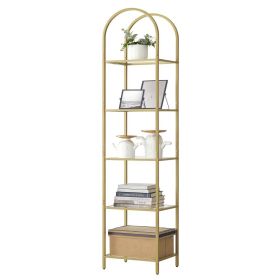 Arched Top Metal Display Rack Narrow Bookcase with 5 Glass Storage Shelves (Color: Gold)