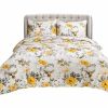 3 Piece White Yellow Grey Reversible Floral Birds Cotton Quilt Set