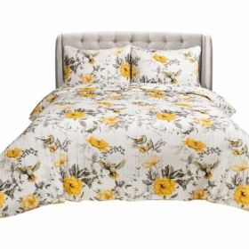 3 Piece White Yellow Grey Reversible Floral Birds Cotton Quilt Set (size: King)