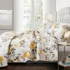 3 Piece White Yellow Grey Reversible Floral Birds Cotton Quilt Set