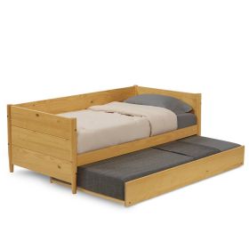 Twin Solid Wood Daybed with Roll Out Trundle Bed Frame (Color: Light Yellow Brown)