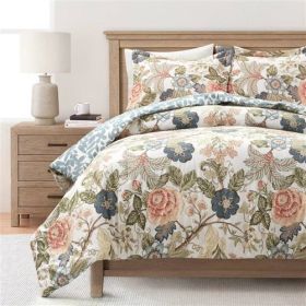 Floral Country Cottage Blue Green Coral Beige 3 Piece Comforter Set (size: King/Cal King)