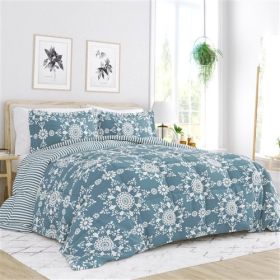 3-Piece Blue and White Reversible Floral Striped Comforter Set (Color: Blue White, size: King)