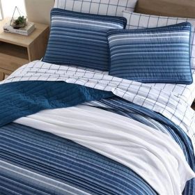 Coastal Blue Stripe Reversible Cotton Quilt Set (size: King)
