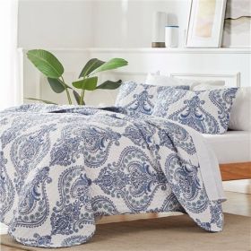 Soft Microfiber Reversible Blue/White Baroque Floral Design Quilt Set (size: King)