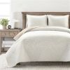 Lightweight Fern Leaf Reversible 3-PC White Beige Cotton Quilt Set