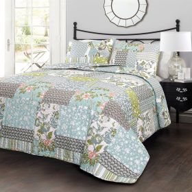 Boho Floral Blue Cotton Lightweight Quilt Set (size: King)