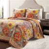 Boho Floral Lightweight Cotton Orange Mauve Yellow 3-Piece Quilt Set