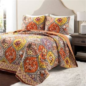Boho Floral Lightweight Cotton Orange Mauve Yellow 3-Piece Quilt Set (size: King)