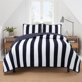Reversible Navy White Stars Stripes 100-Percent Cotton Quilt Set (size: King (3 Piece))