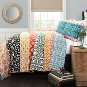Cotton 3 Piece Reversible Teal Orange Bohemian Stripe Quilt Set (size: King)