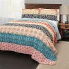 Cotton 3 Piece Reversible Teal Orange Bohemian Stripe Quilt Set