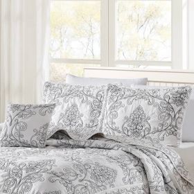 Damask Embroidered 4 Piece Oversized Bedspread Set (Color: White, size: King)