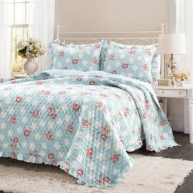 Vintage Rose Ruffle Edge Light Quilt Set in Blue White and Pink (size: King)
