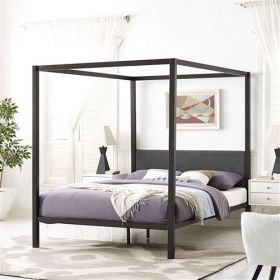 Queen size Metal Canopy Bed Frame with Grey Upholstered Headboard (Color: Brown)