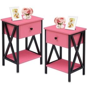 Set of 2 - 1-Drawer Nightstand Bedside Table (Color: Pink And Black)