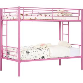Metal Twin over Twin Bunk Bed Frame with Two Side Ladders (Color: Pink)