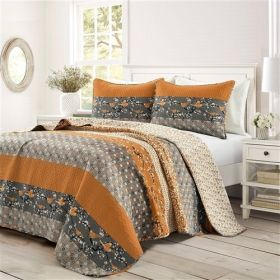 Orange Grey Floral Birds Reversible 3 Piece Quilt Set (size: King)