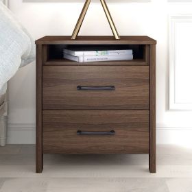 Modern 2-Drawer Bedside Table Nightstand with Open Shelf (Color: Brown Walnut)