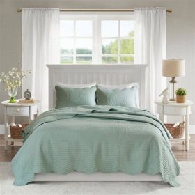 3 Piece Reversible Scalloped Edges Microfiber Quilt Set (Color: Seafoam, size: King)