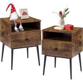 Set of 2 - Mid Century Modern Side Table Nightstand Wood Finish (Color: Brown Black)