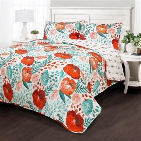 Boho Floral Red Poppy Lightweight 3 Piece Cotton Quilt Set (Color: White Teal, size: Full/Queen)