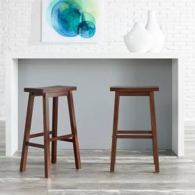 Set of 2 Farmhouse Bar Height Saddle Seat Barstools Wood Finish (Color: Brown Walnut)