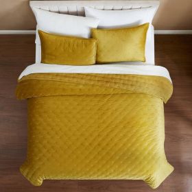 3-Piece Velvet Embroidered Lavishly Soft Quilt Set (Color: Mustard Yellow, size: King/Cal King)
