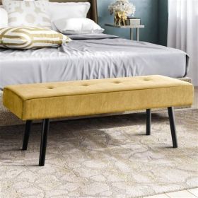 Mid-Century Corduroy Upholstered End of Bed Bench with Black Metal Legs (Color: Yellow)