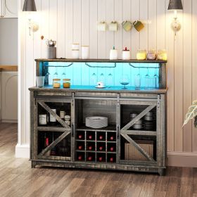 HOMCOM 55" Coffee Bar Cabinet with Lights, Farmhouse Wine Cabinet with Wine and Glass Racks for Kitchen, Dining Room (Color: Brown)