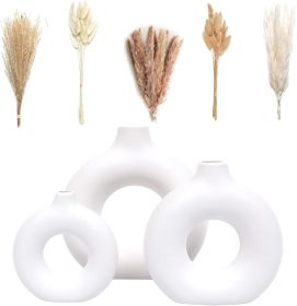 Set of 3 White Ceramic Vase with 65 PCS Dried Pampas Grass Flowers Aesthetic Boho Modern Small Round Cute Vases for Decor Living Room Coffee Table She (Color: White)